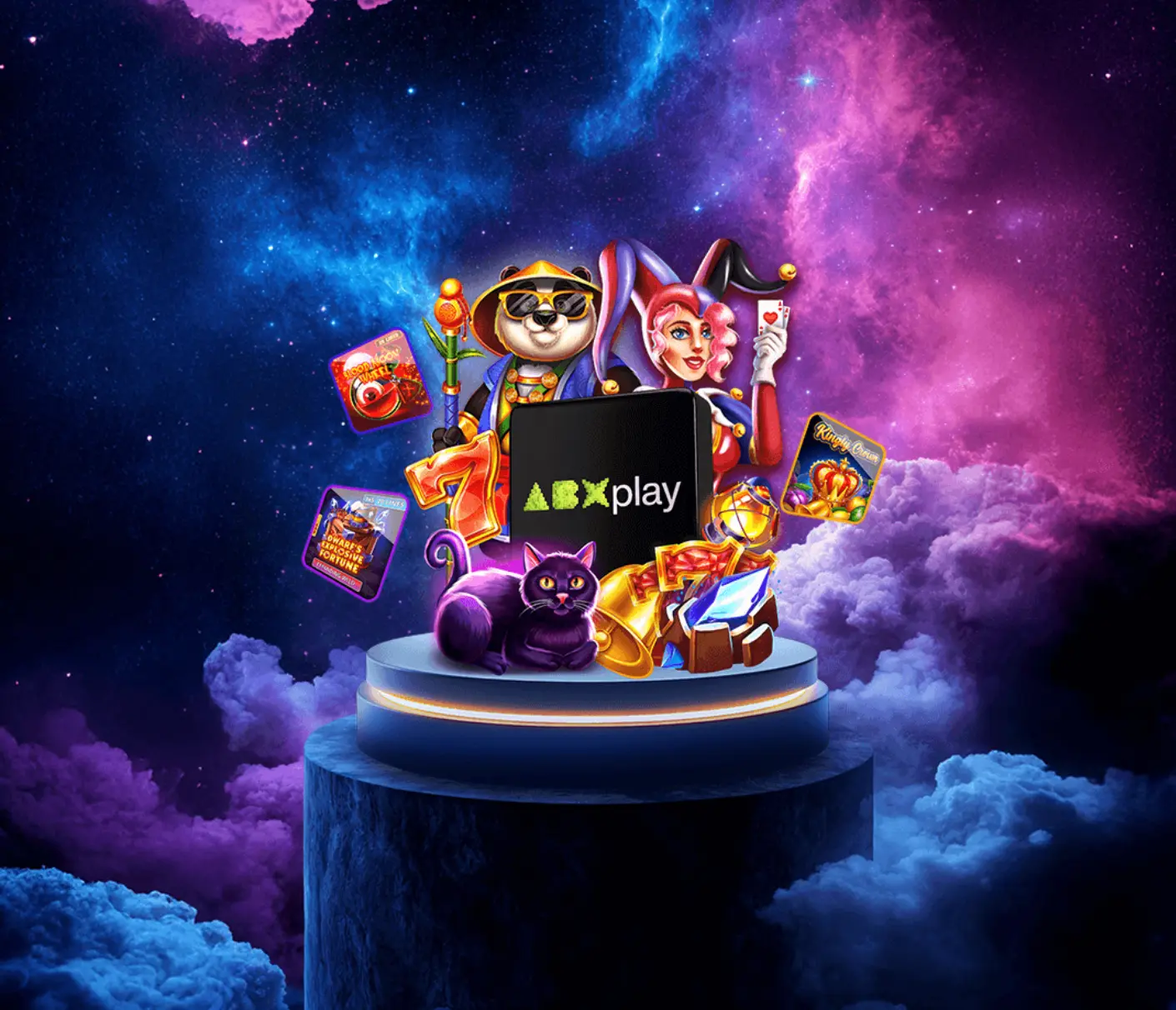 Promo grafika ABXplay — joker a panda, fialová kočka, symbol 7, mince a karty na podstavci, vesmírné pozadí.